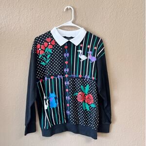 Vintage 1990's Cabin Creek duck cat colorful collared pullover sweatshirt size M